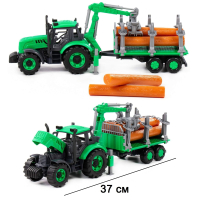 Лесовоз-трактор 37 см Прогресс Полесье с прицепом 5-ю бревнами и краном-захватом для разгрузки (зеленый)