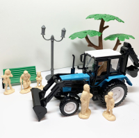 Модель трактор - экскаватор BELARUS с лопатой и ковшом  - 16,5 см и фигурками людей
