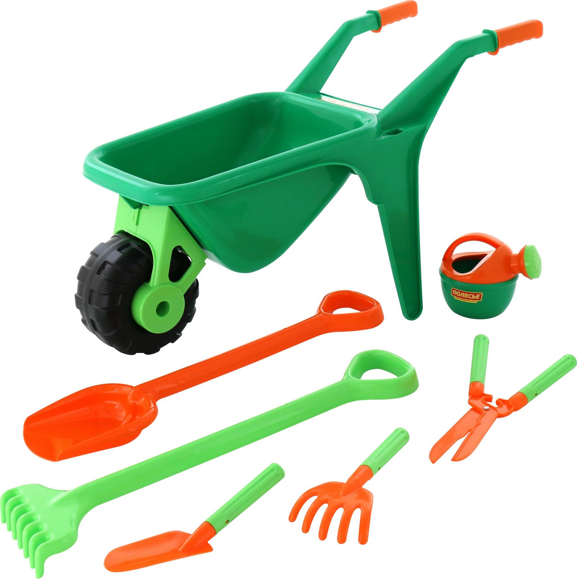 Набор садовник с зеленой тачкой Садовод Полесье, лопатками, грабельками, леечкой, секатором